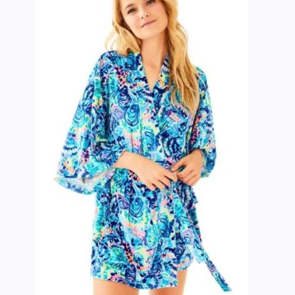🌴🍍 LILLY PULITZER Elaine Plush Velour Robe in Multi Ocean Commotion ~ Like New